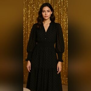 ZARA Sheer Black Midi Polka-Dot Dress Womens L